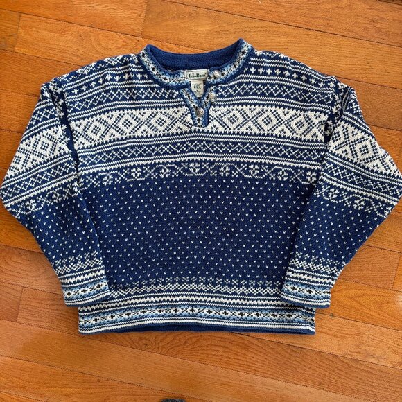 LL BEAN Sweater Womens M Nordic Fair Isle‎ 3-Button Crewneck Blue White USA - Picture 1 of 5